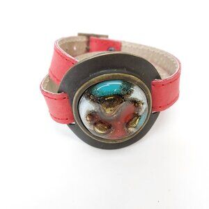 CRISTALIDA Wrap Bracelet Red Leather Brass Fused Glass 2" x 16.5" Boutique Art